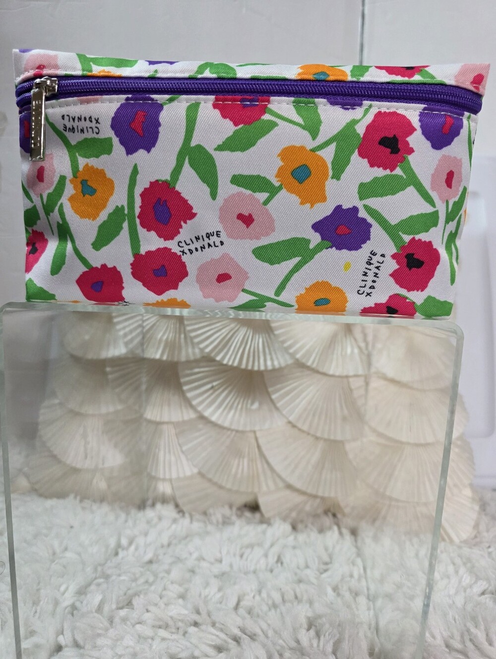 Clinique Floral Cosmetic Bag in White with Pink, Purple & Orange Blooms